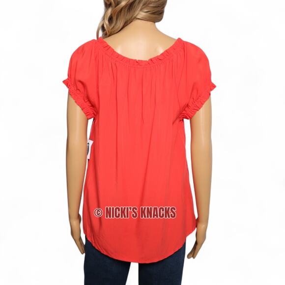 Old Navy Neon Coral Puff Sleeve Ruffle Tie Neck Blouse Top Lightweight Size S - Picture 5 of 11